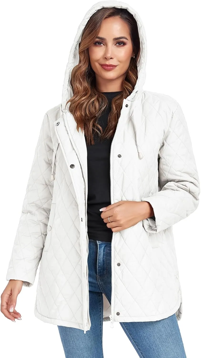 Womens Oversized Quilted Jackets Lightweight Long Sleeve Full Zipper Puffer Jacket Casual Hooded Winter Coats