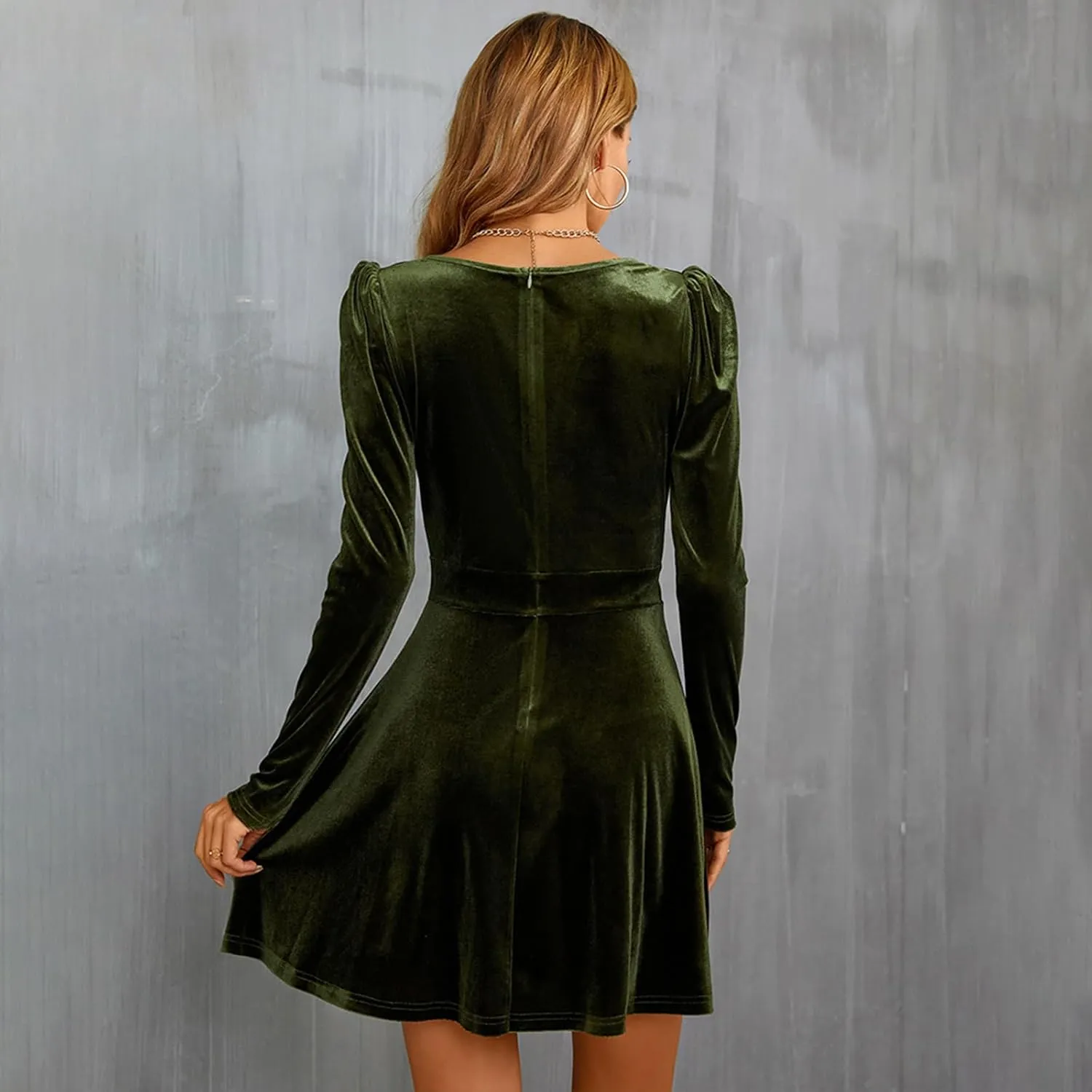 Women's Sexy V Neck Long Sleeve Wrap Waist Ruched Back Zipper Velvet Dress Mini Party Cocktail Dress