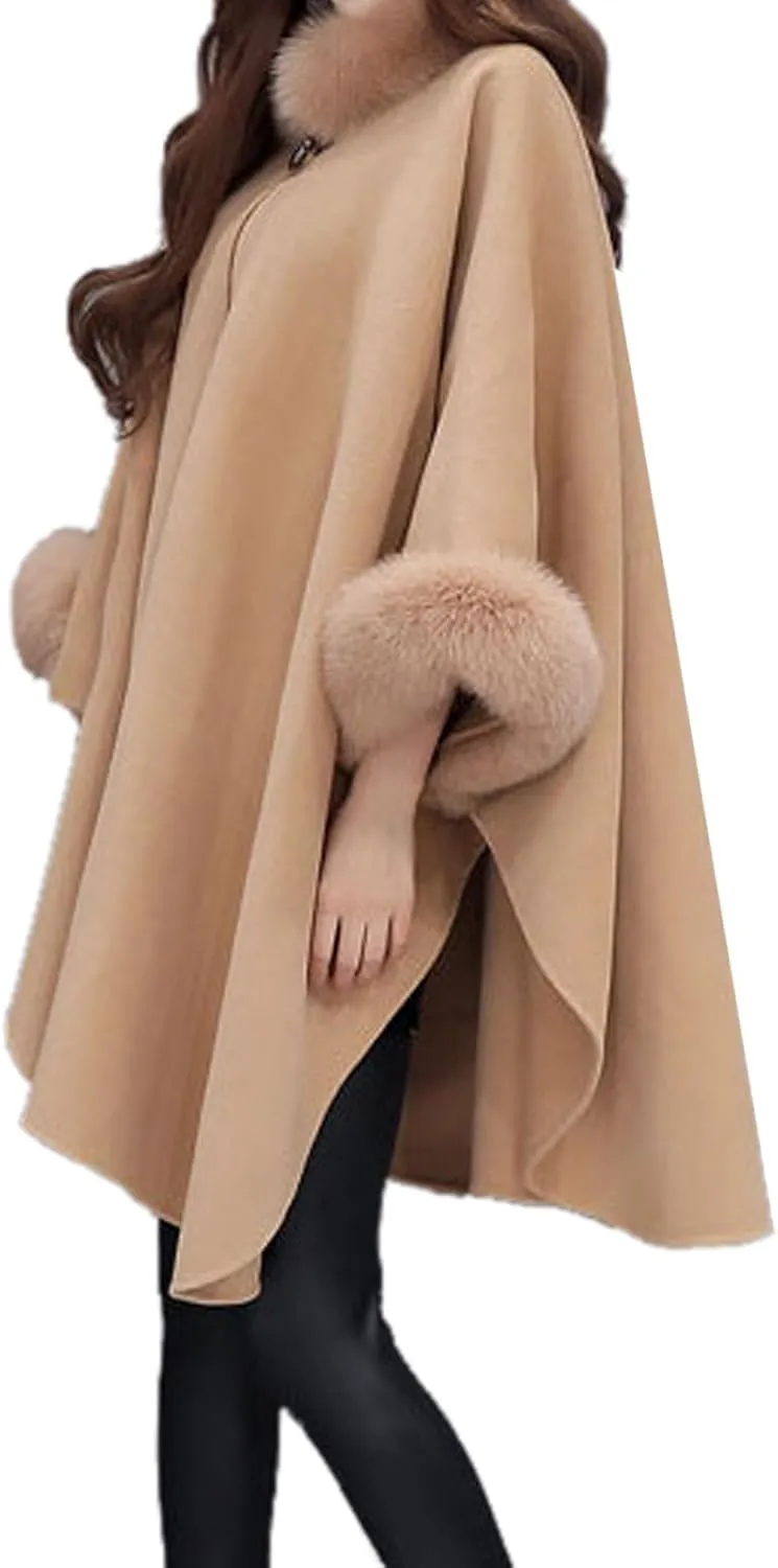 Womens Vintage Cape Poncho Coat Faux Fur Cloak Coat Cardigan Trim Shawl Wrap Buckle Collar