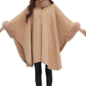 Womens Vintage Cape Poncho Coat Faux Fur Cloak Coat Cardigan Trim Shawl Wrap Buckle Collar